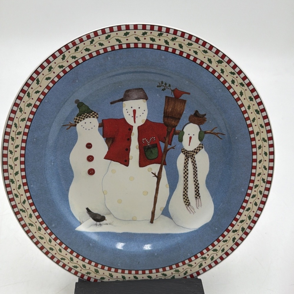 Sakura Debbie Mumm Snowman Rustic Cottage Luncheon Plate 8 1/4"  Stoneware